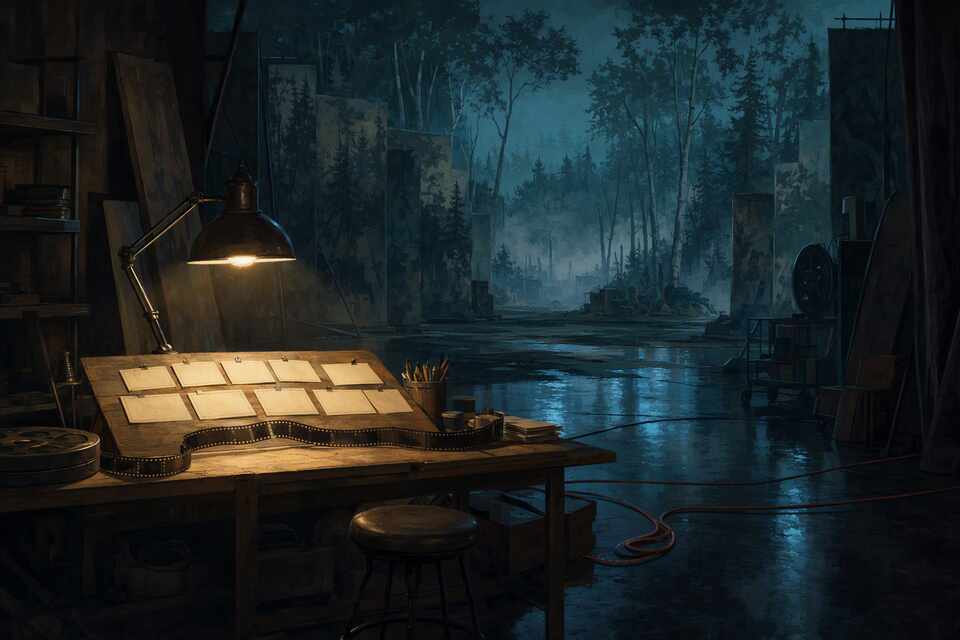 A lamplit storyboard desk overlooking a misty soundstage of painted forest flats